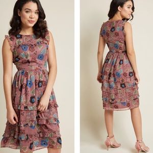 ModCloth | Floral Ruffled Pinstripe Midi Dress